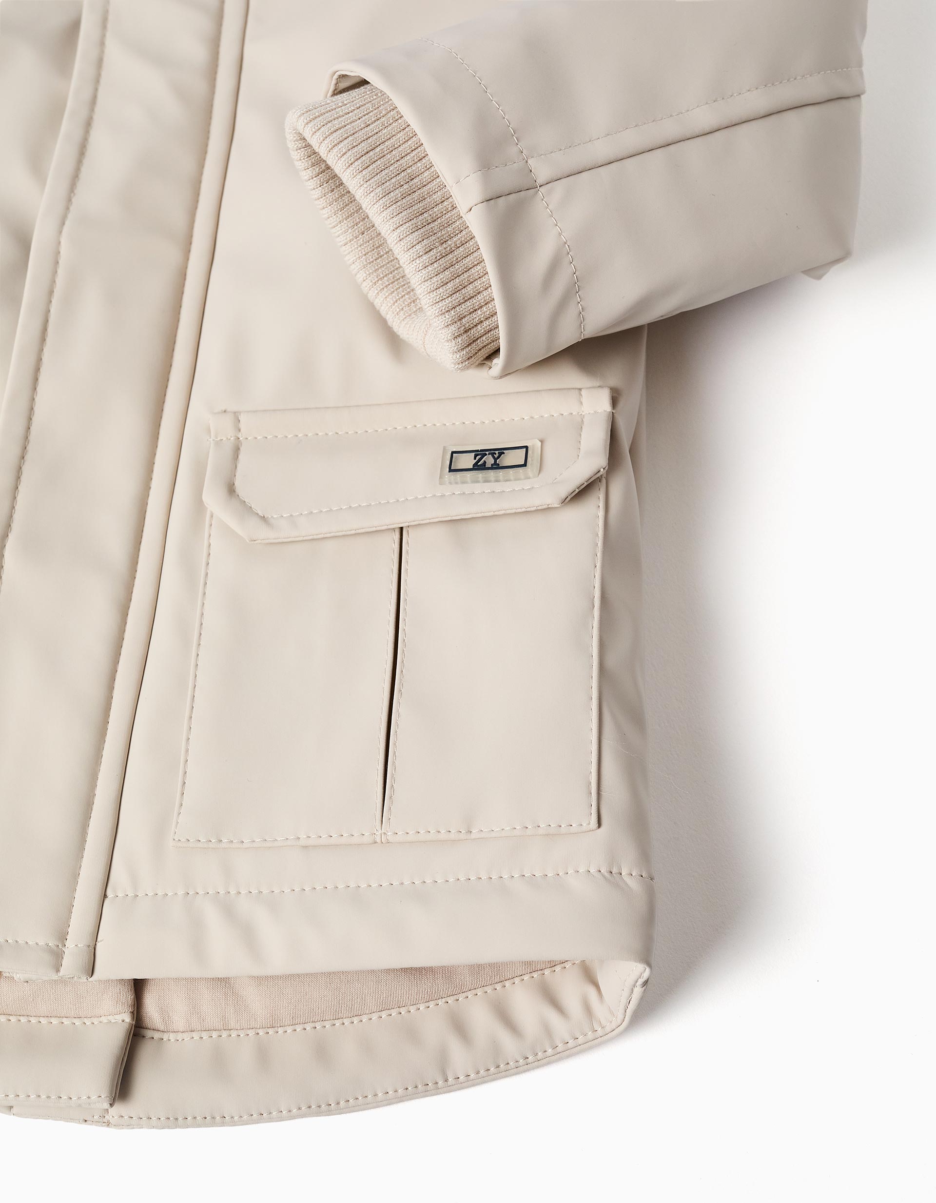 Padded rubber parka with hood for baby boys, light beige