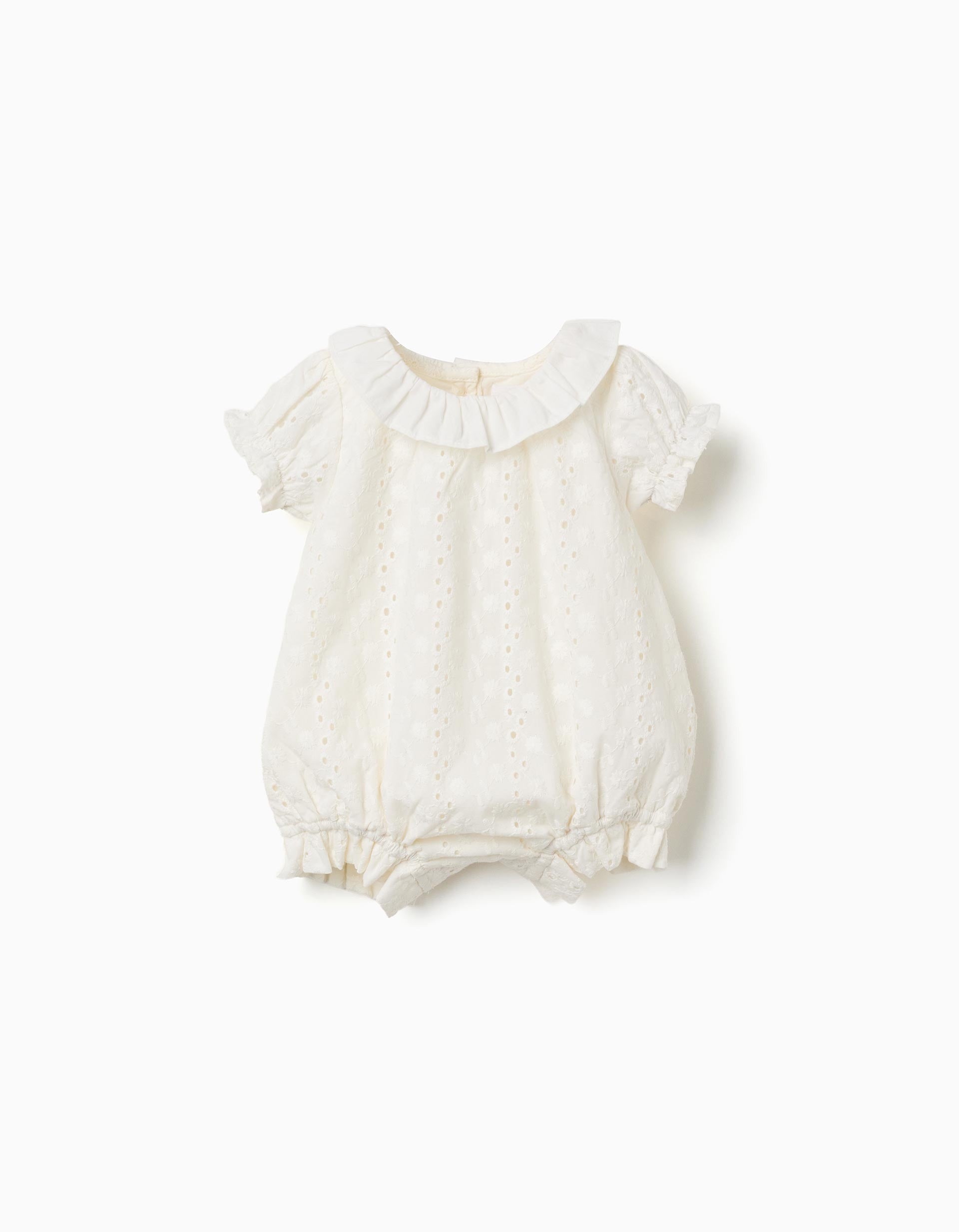 Cotton romper with broderie anglaise for newborn girls, white