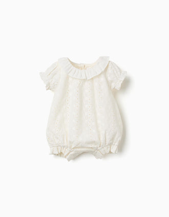Cotton romper with broderie anglaise for newborn girls, white