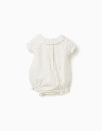 Cotton romper with broderie anglaise for newborn girls, white