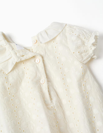 Cotton romper with broderie anglaise for newborn girls, white