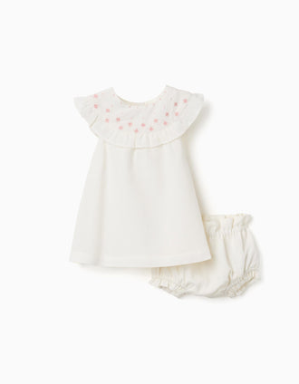 Vestido em algodão e linho com bordado para recém-nascida, branco/rosa