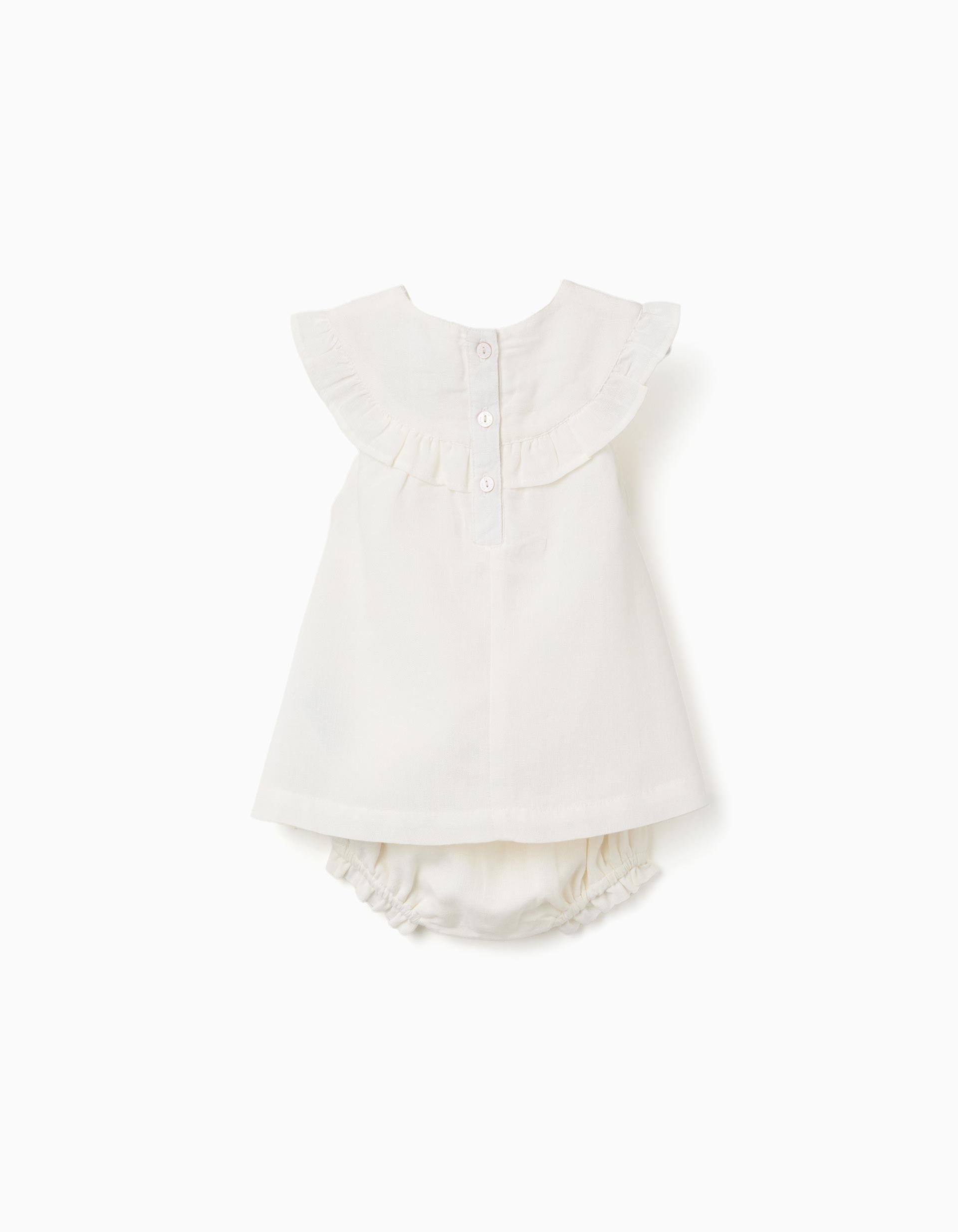 Vestido em algodão e linho com bordado para recém-nascida, branco/rosa