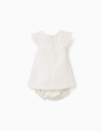 Vestido em algodão e linho com bordado para recém-nascida, branco/rosa