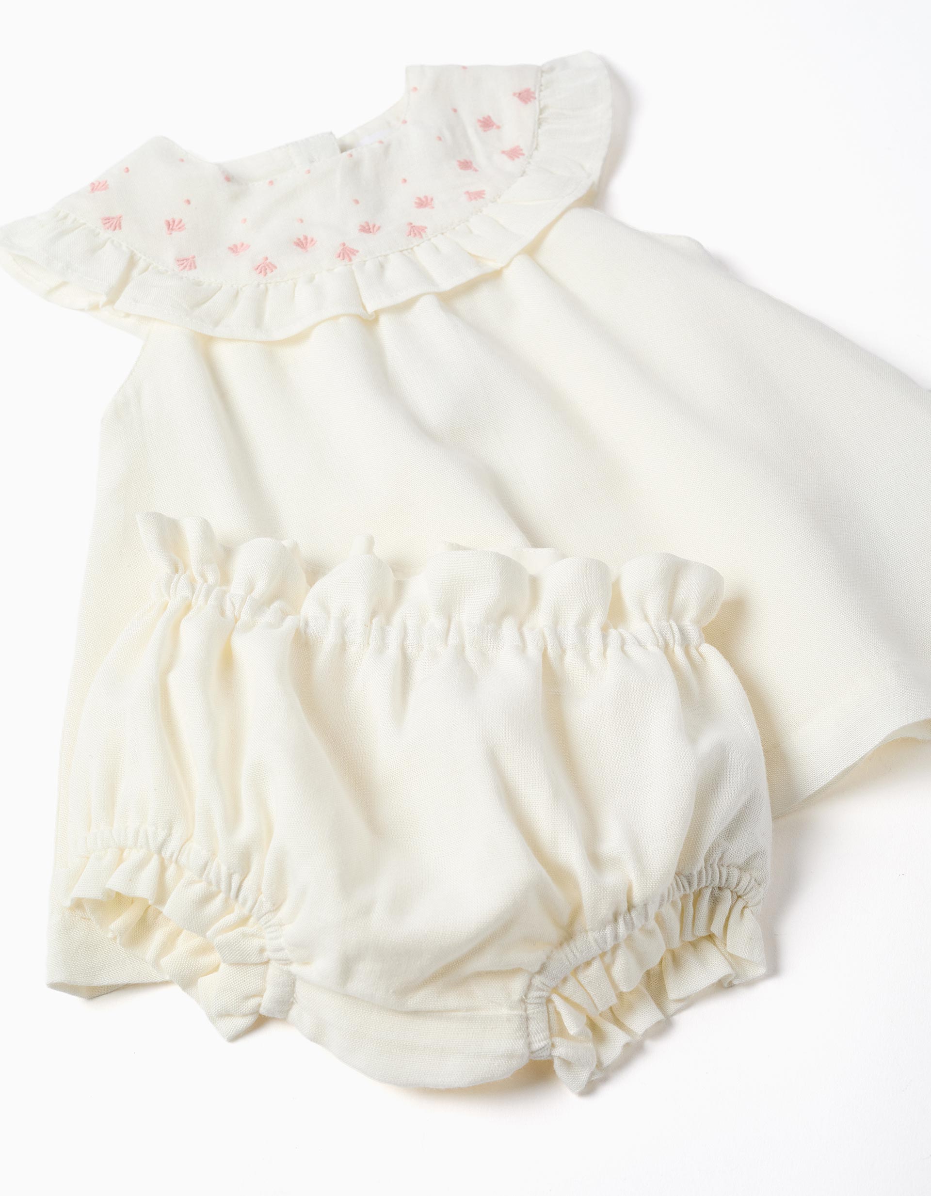 Vestido em algodão e linho com bordado para recém-nascida, branco/rosa