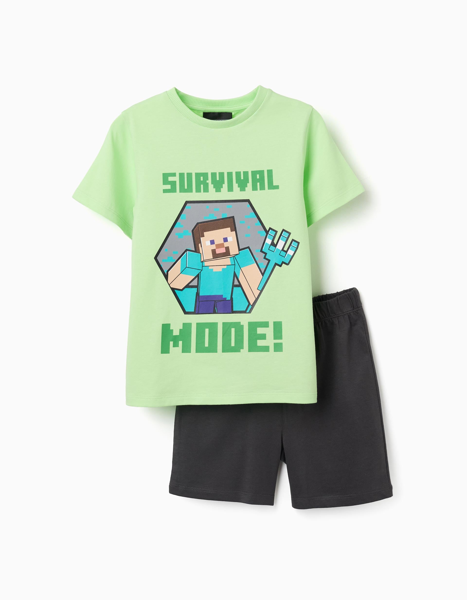 Pyjama court en coton avec imprimé Minecraft pour garçon, vert/gris