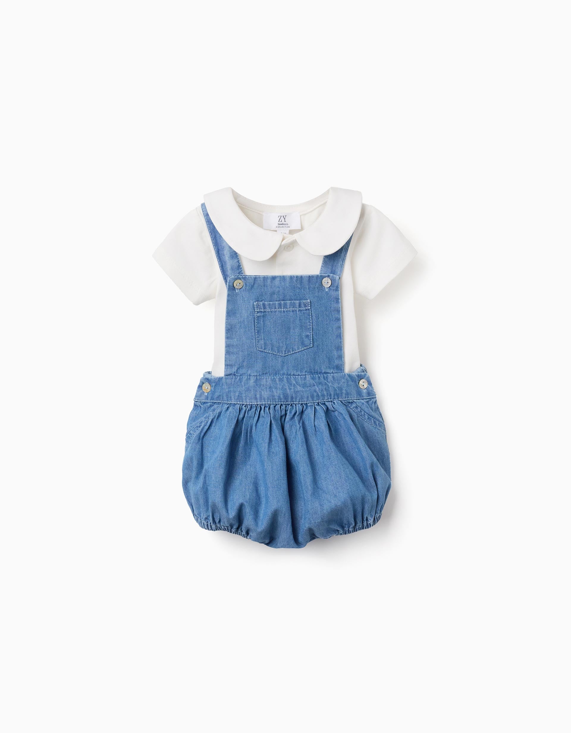 Cotton bodysuit + denim romper set for newborn boys, white/blue