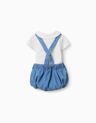 Cotton bodysuit + denim romper set for newborn boys, white/blue
