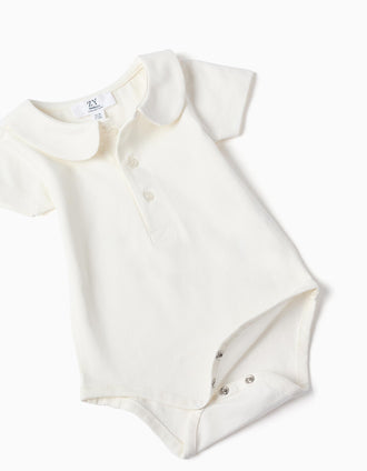 Cotton bodysuit + denim romper set for newborn boys, white/blue