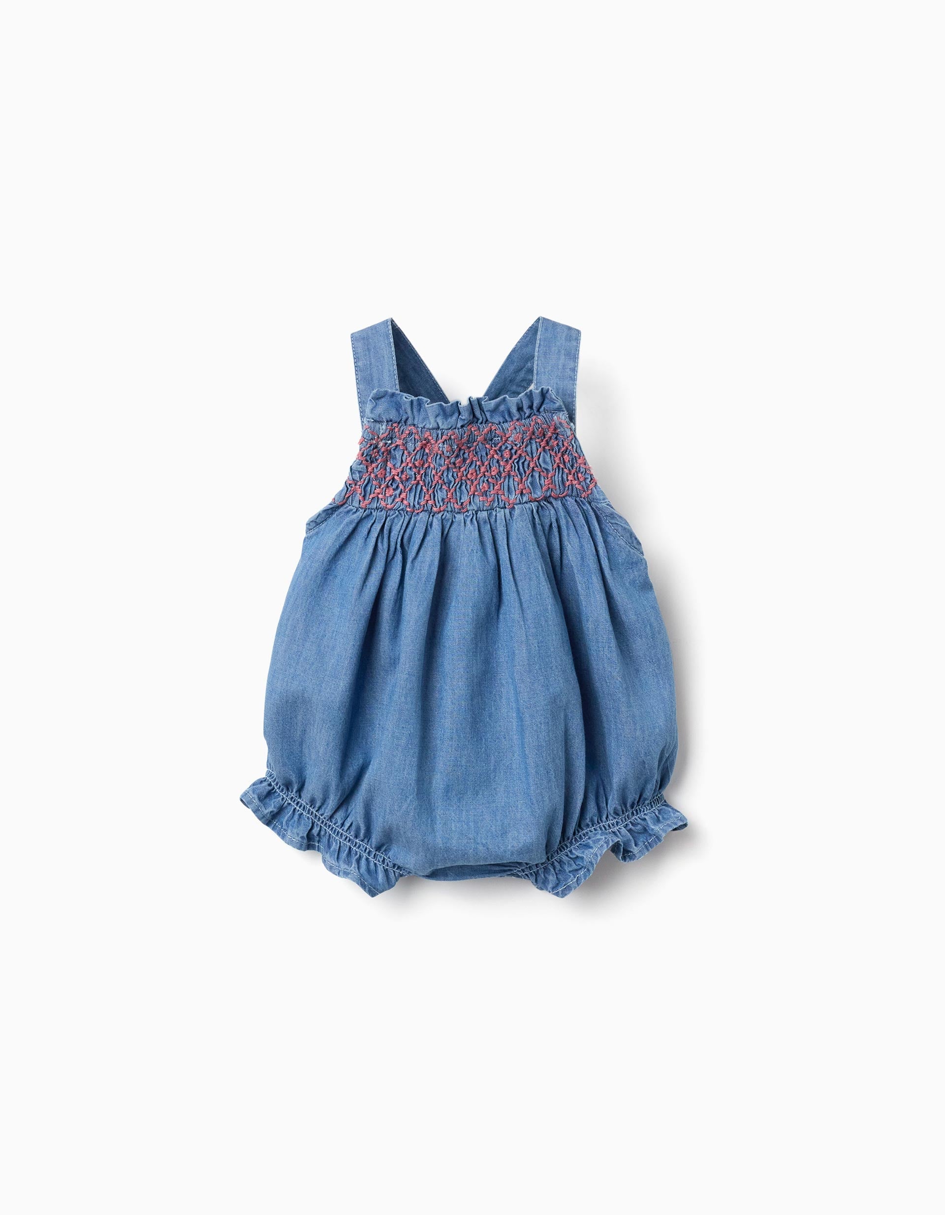 Denim romper with embroidery and ruffles for newborn girls, blue