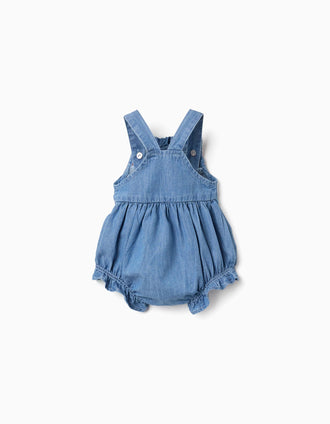 Denim romper with embroidery and ruffles for newborn girls, blue