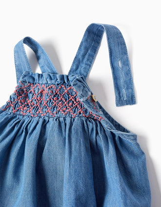 Denim romper with embroidery and ruffles for newborn girls, blue