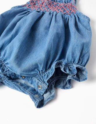 Denim romper with embroidery and ruffles for newborn girls, blue