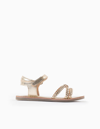 Leather sandals with braided straps and padded insole for girls, golden