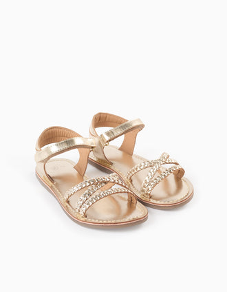 Leather sandals with braided straps and padded insole for girls, golden
