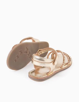 Leather sandals with braided straps and padded insole for girls, golden