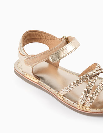 Leather sandals with braided straps and padded insole for girls, golden