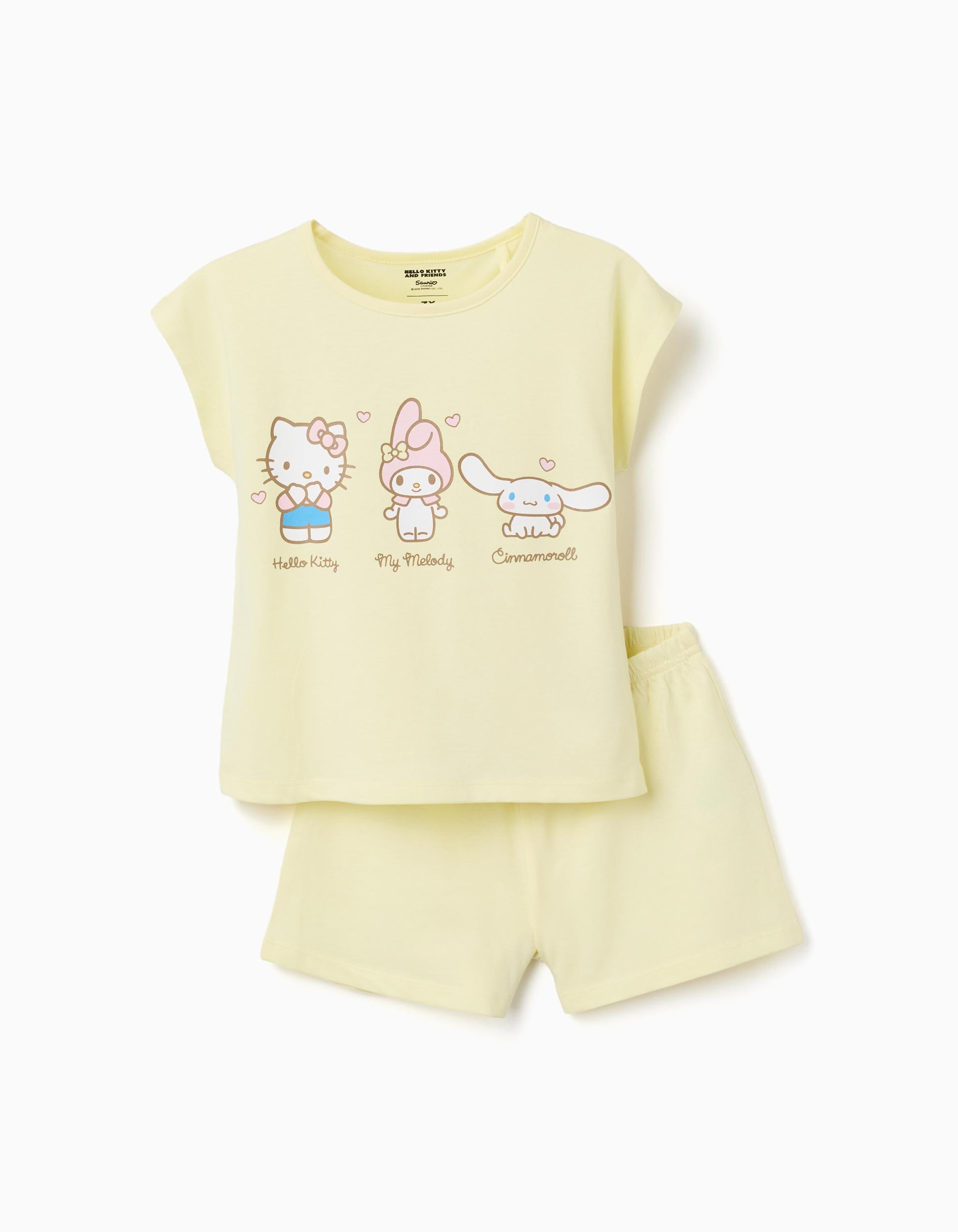Pyjama court en coton avec imprimé Hello Kitty pour fille, jaune clair