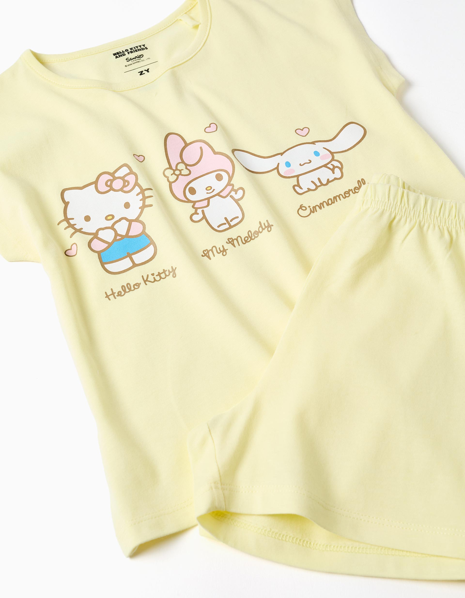 Pyjama court en coton avec imprimé Hello Kitty pour fille, jaune clair