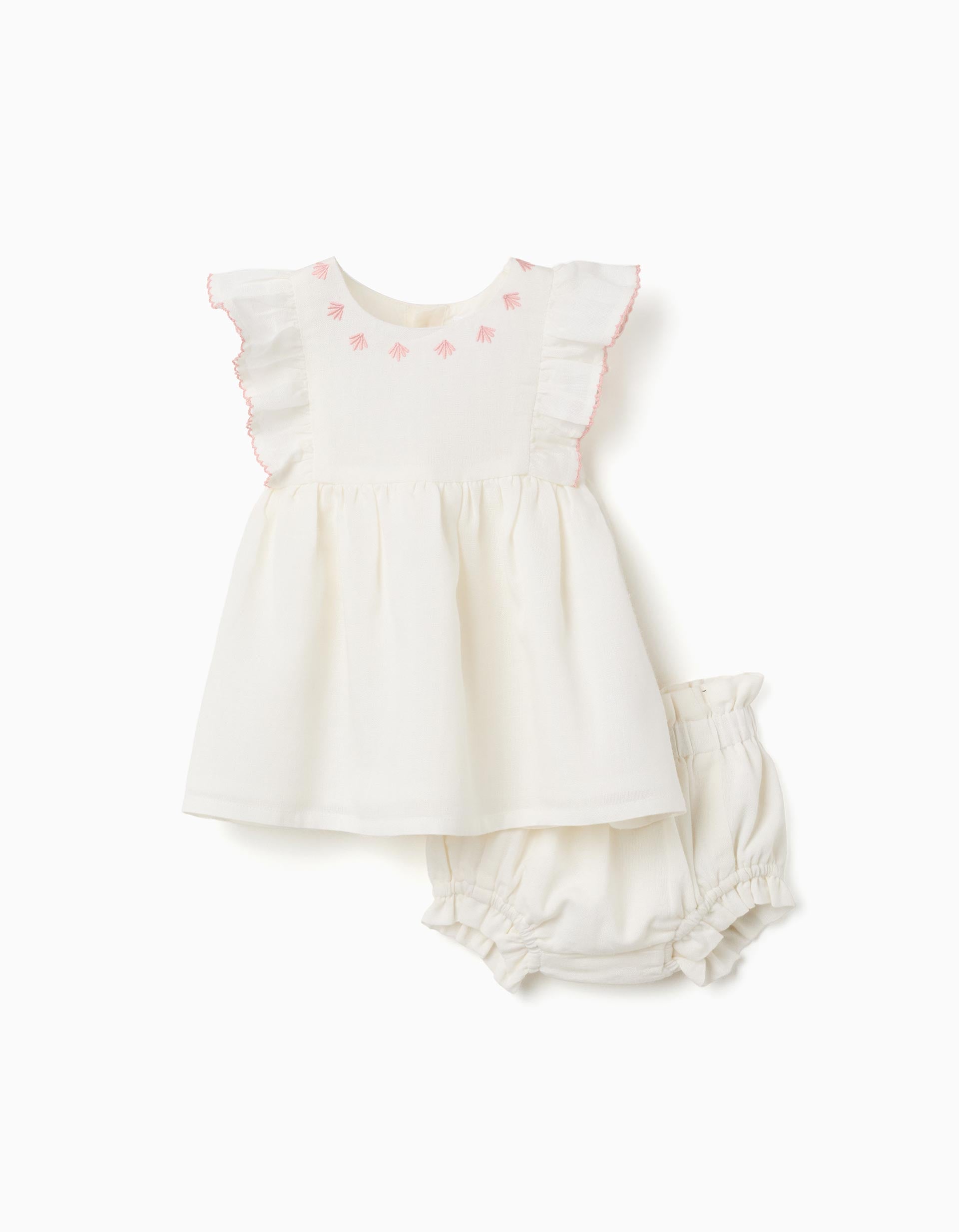 Vestido em algodão e linho + tapa-fraldas para recém-nascida, branco/rosa