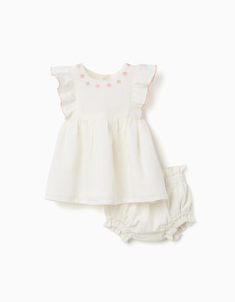 Vestido em algodão e linho + tapa-fraldas para recém-nascida, branco/rosa