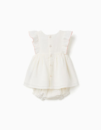 Vestido em algodão e linho + tapa-fraldas para recém-nascida, branco/rosa