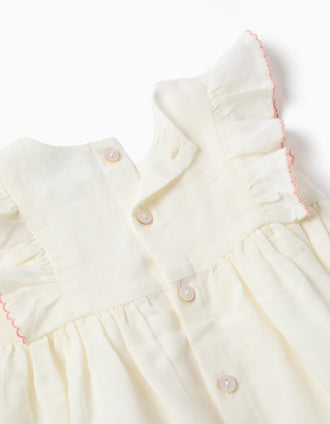 Vestido em algodão e linho + tapa-fraldas para recém-nascida, branco/rosa