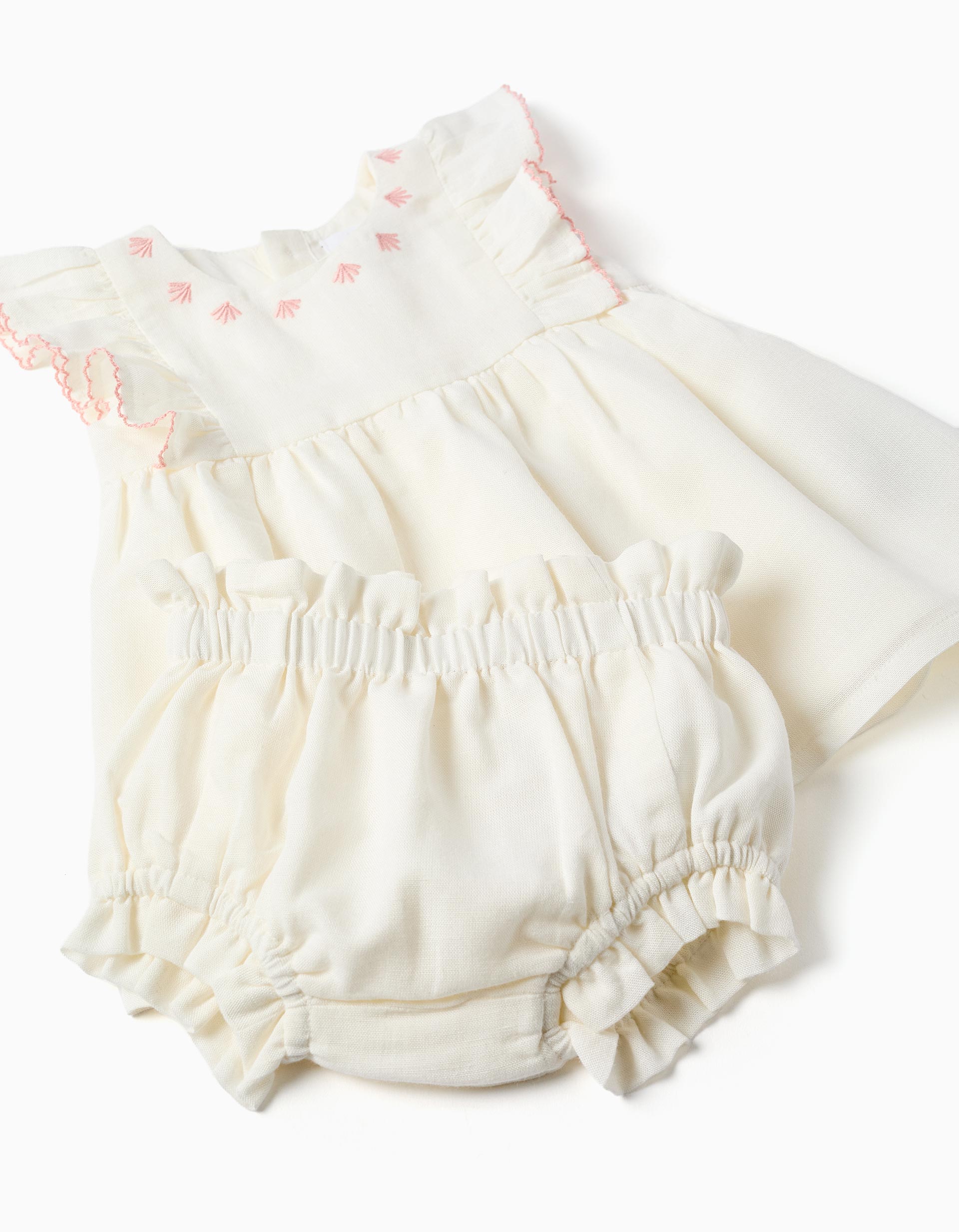 Vestido em algodão e linho + tapa-fraldas para recém-nascida, branco/rosa