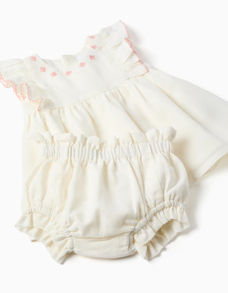 Vestido em algodão e linho + tapa-fraldas para recém-nascida, branco/rosa