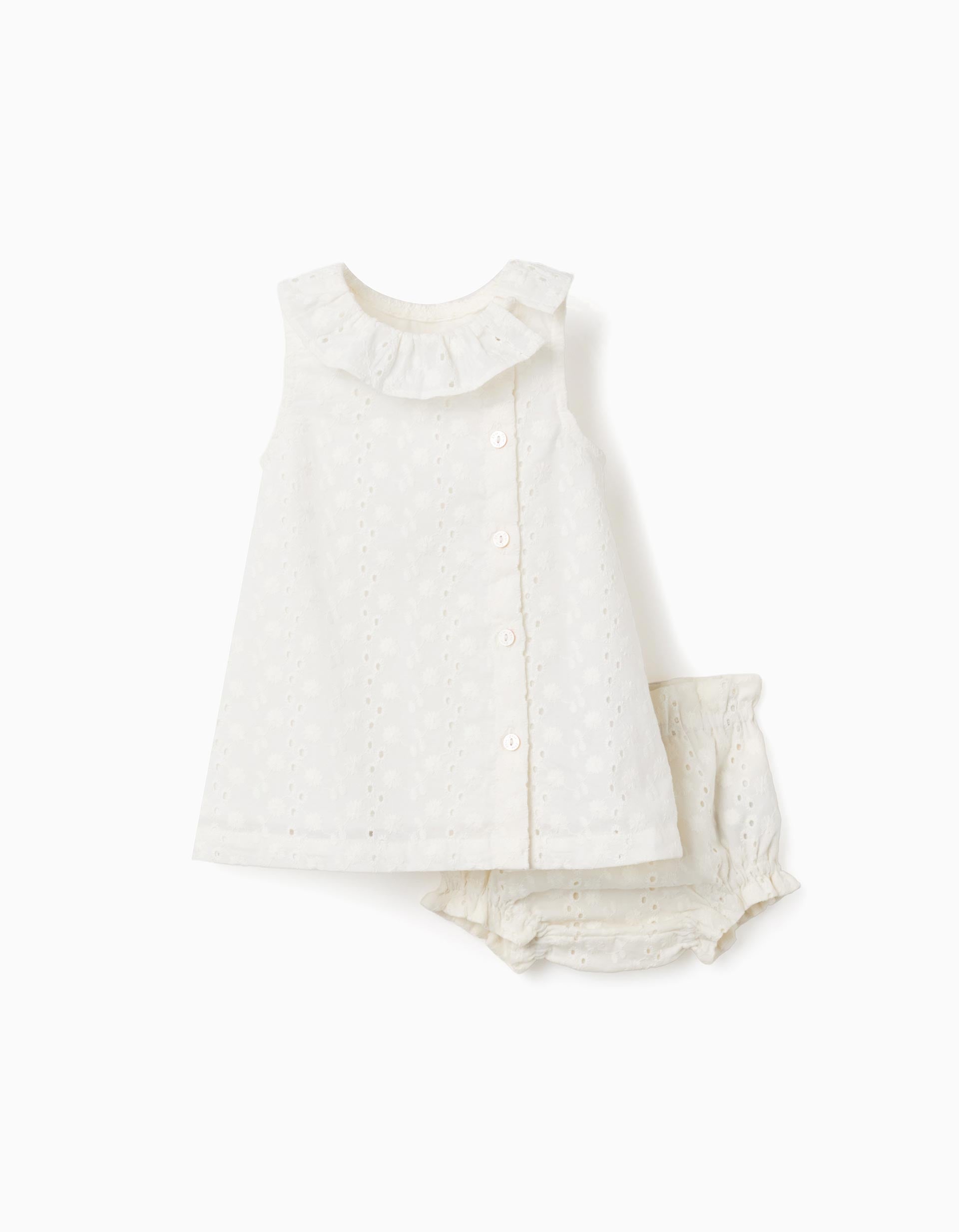 Vestido de algodão com bordado inglês para recém-nascida, branco