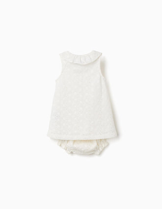 Vestido de algodão com bordado inglês para recém-nascida, branco