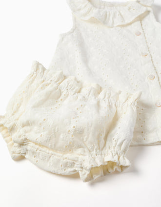 Vestido de algodão com bordado inglês para recém-nascida, branco