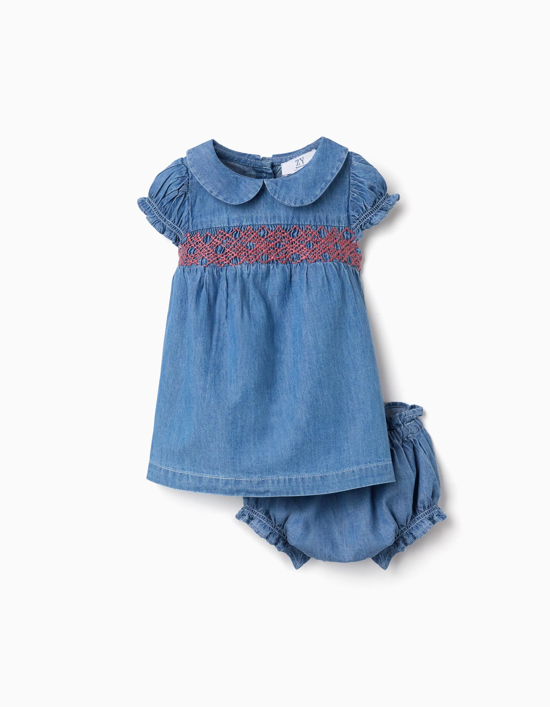 Denim dress with embroidery and ruffles for newborn girls, blue