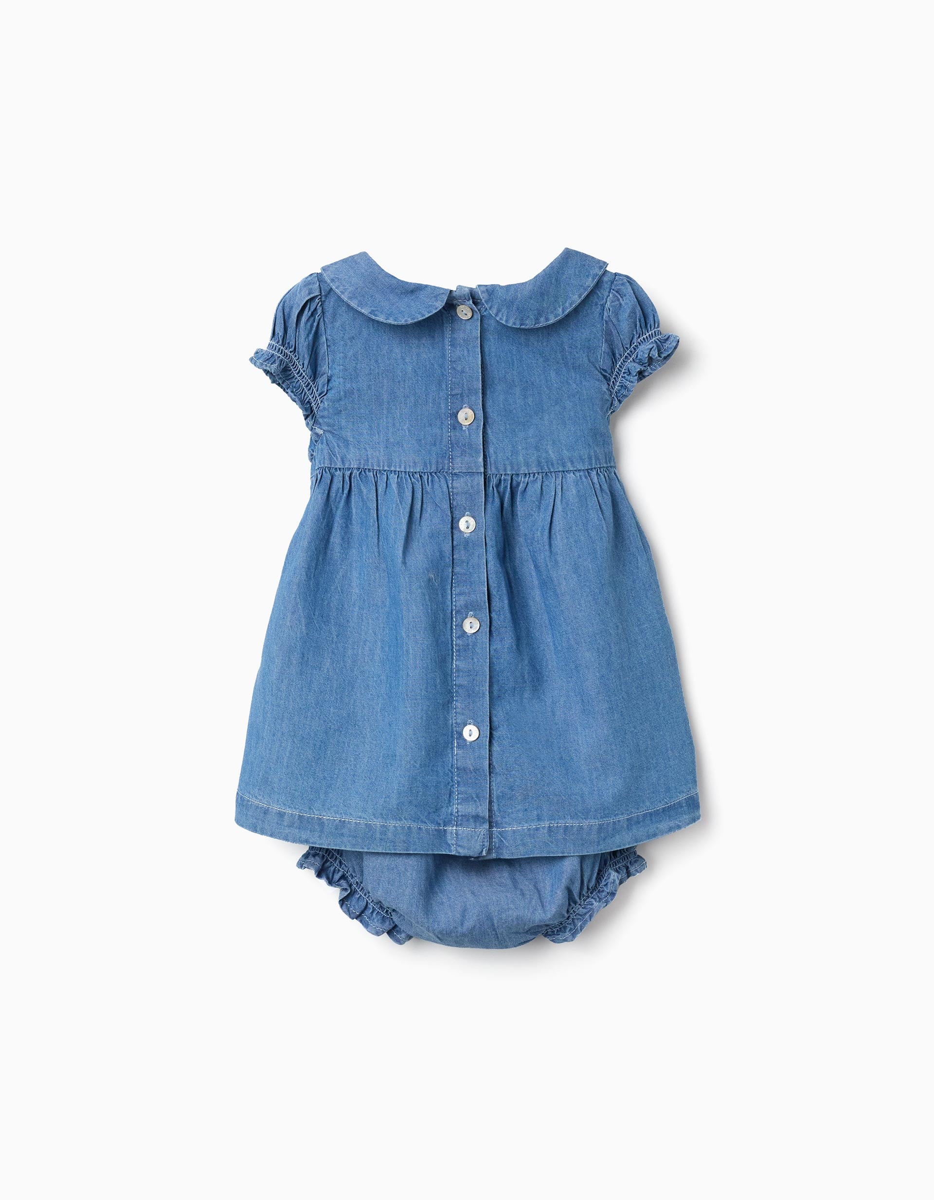 Denim dress with embroidery and ruffles for newborn girls, blue