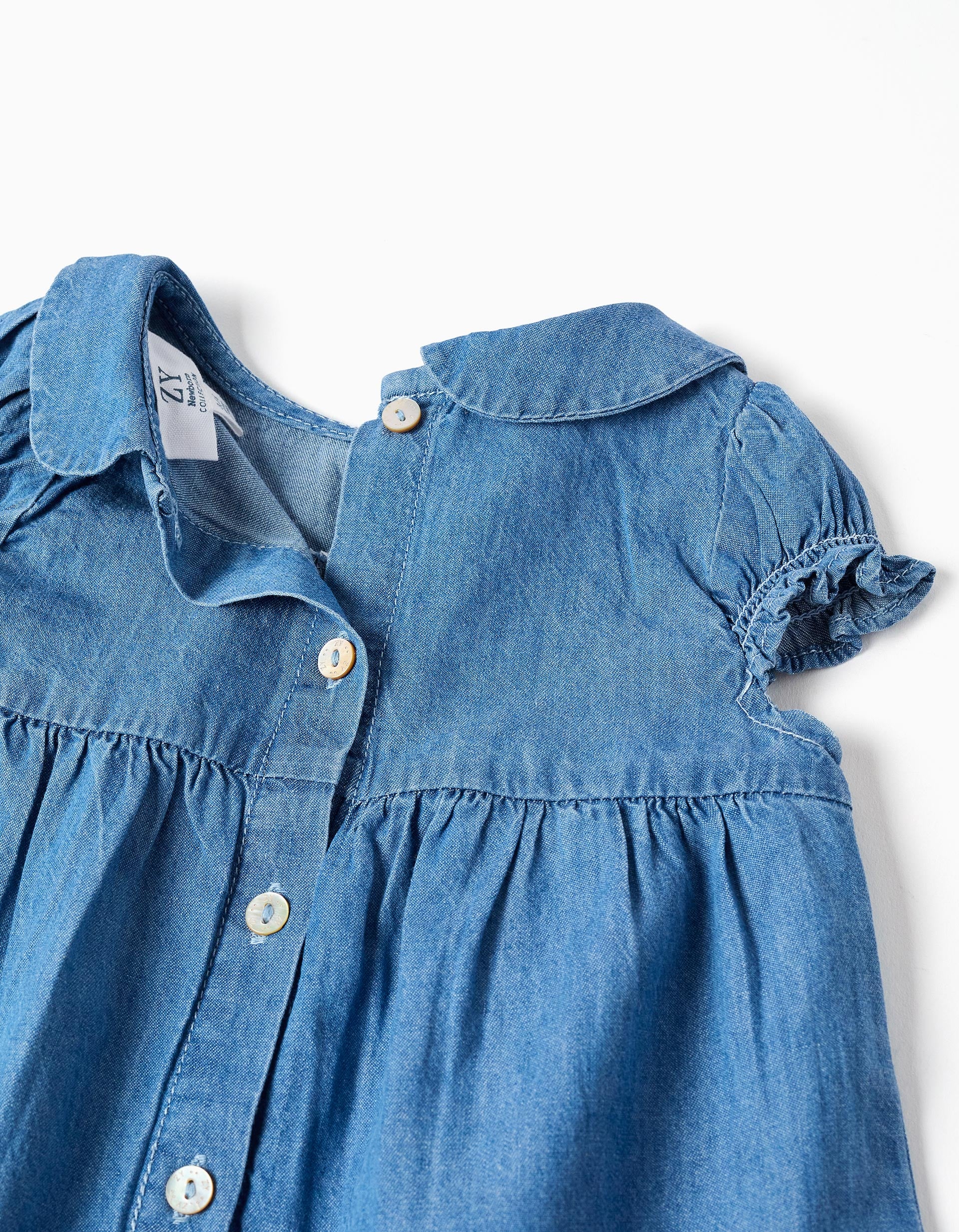 Denim dress with embroidery and ruffles for newborn girls, blue