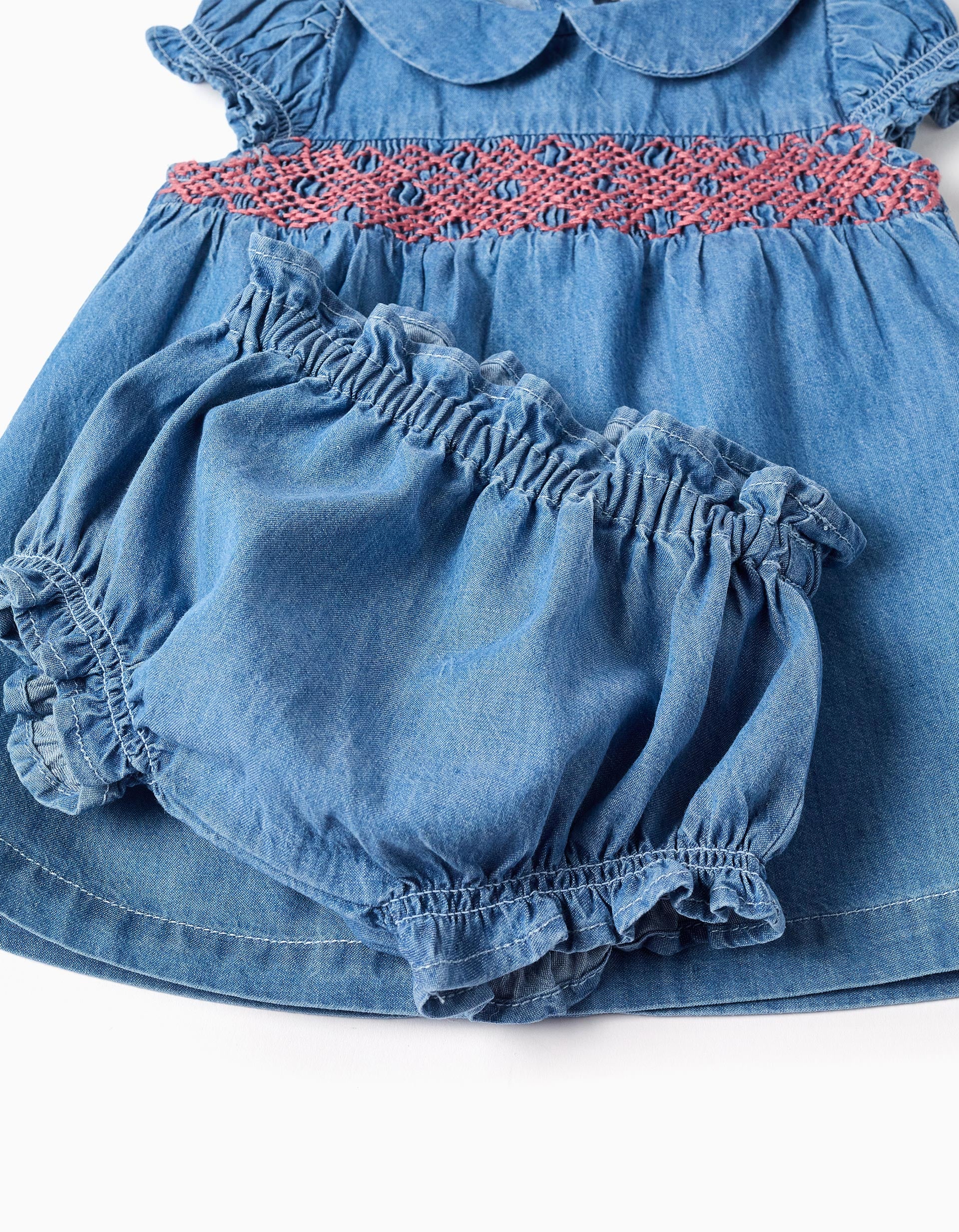Denim dress with embroidery and ruffles for newborn girls, blue