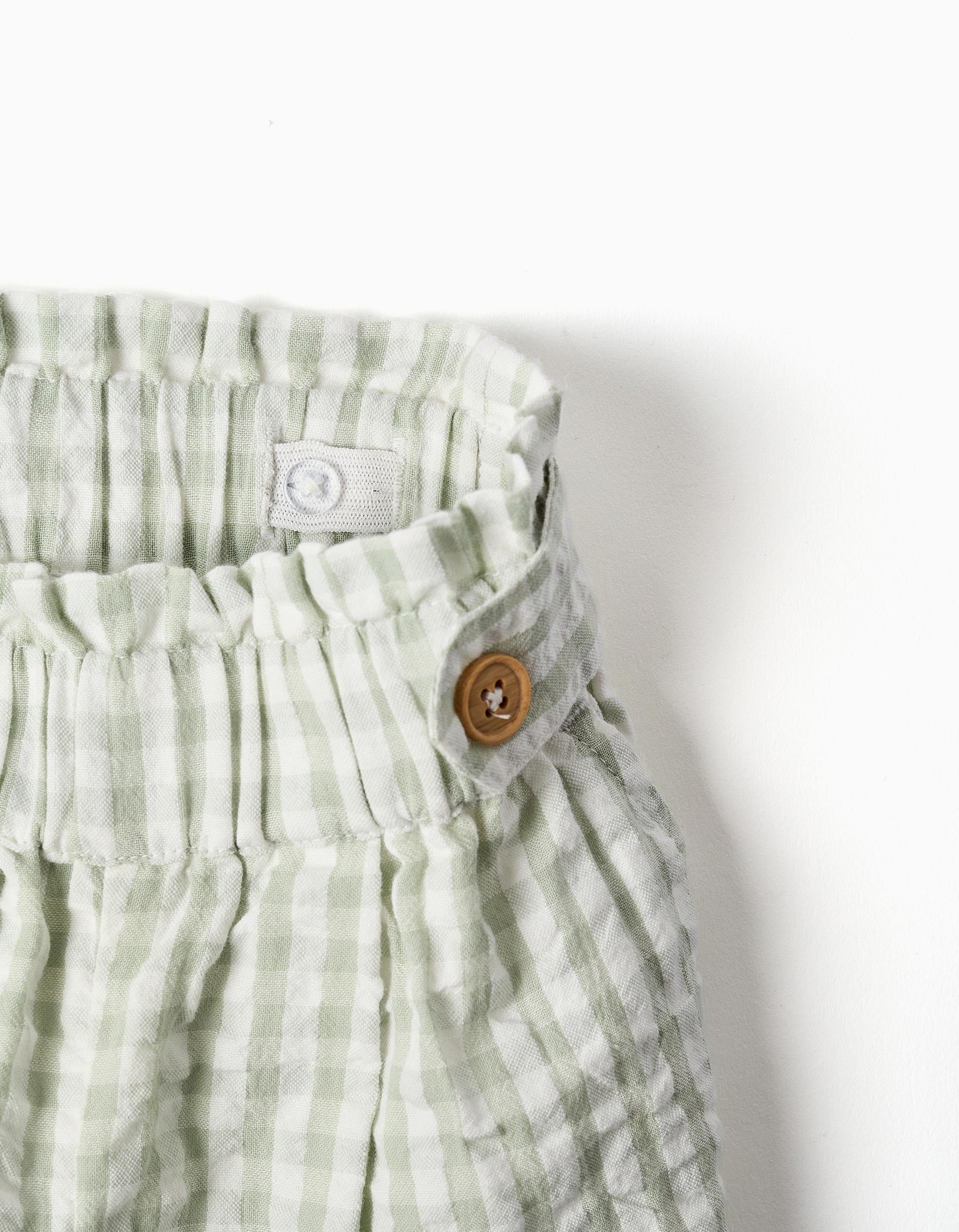 Calções de algodão com padrão Vichy B&S para menina, branco/verde-claro