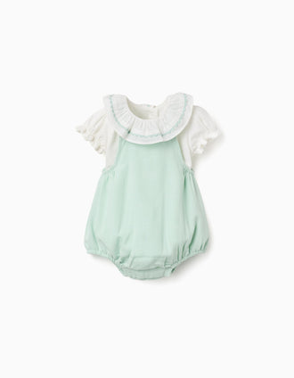 Body com folhos + fofo para recém-nascida, branco/verde-claro