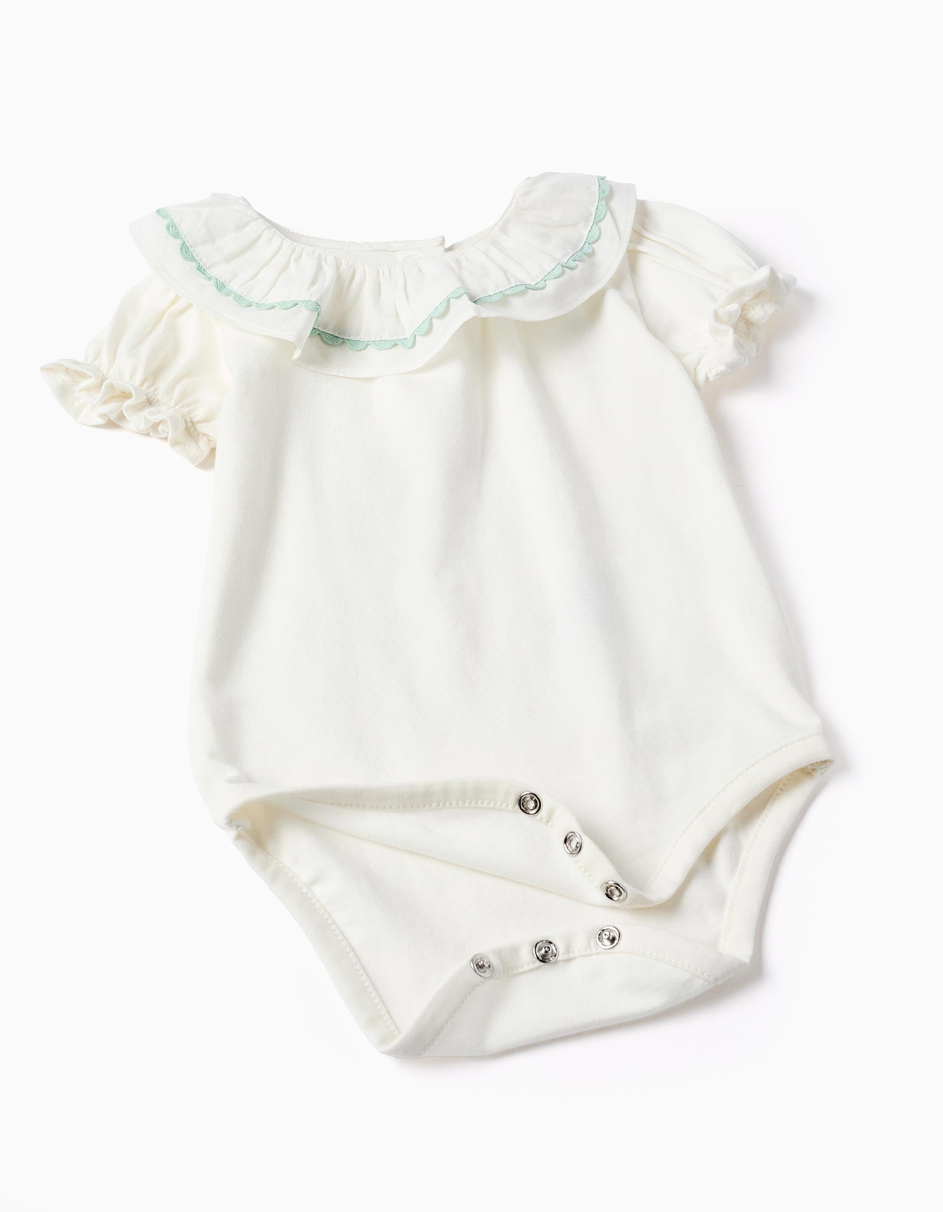 Body com folhos + fofo para recém-nascida, branco/verde-claro