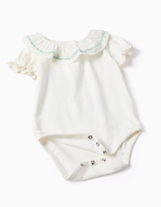 Body com folhos + fofo para recém-nascida, branco/verde-claro