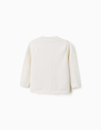 Cardigan de malha com gola redonda para bebé menina, branco
