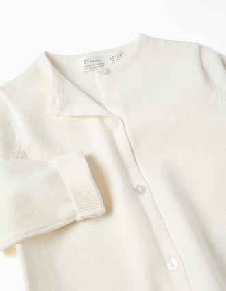 Cardigan de malha com gola redonda para bebé menina, branco