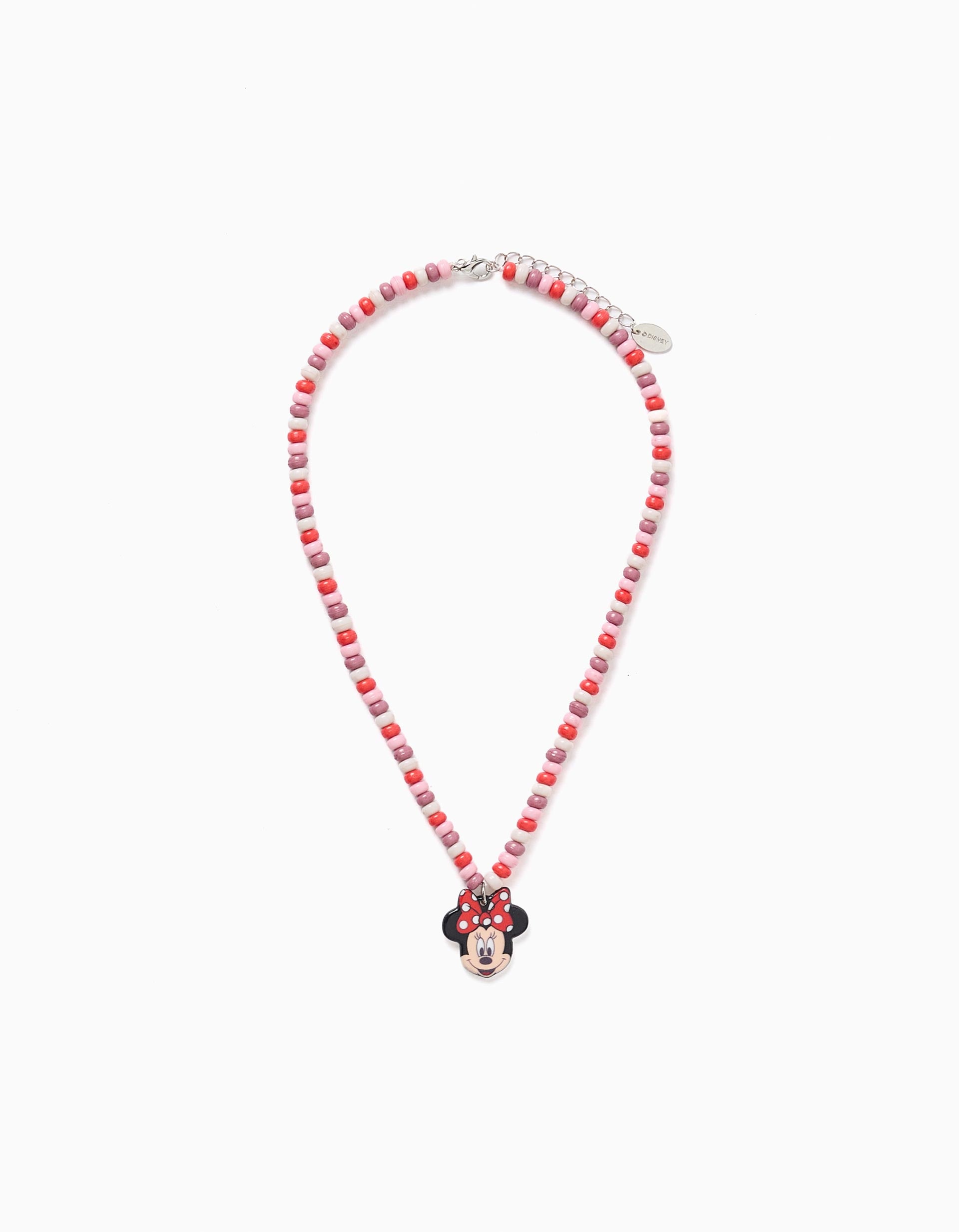 Necklace with beads and Minnie pendant for girls, pink