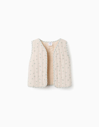 Chaleco de algodón acolchado con motivo floral B&S para niña, beige/verde