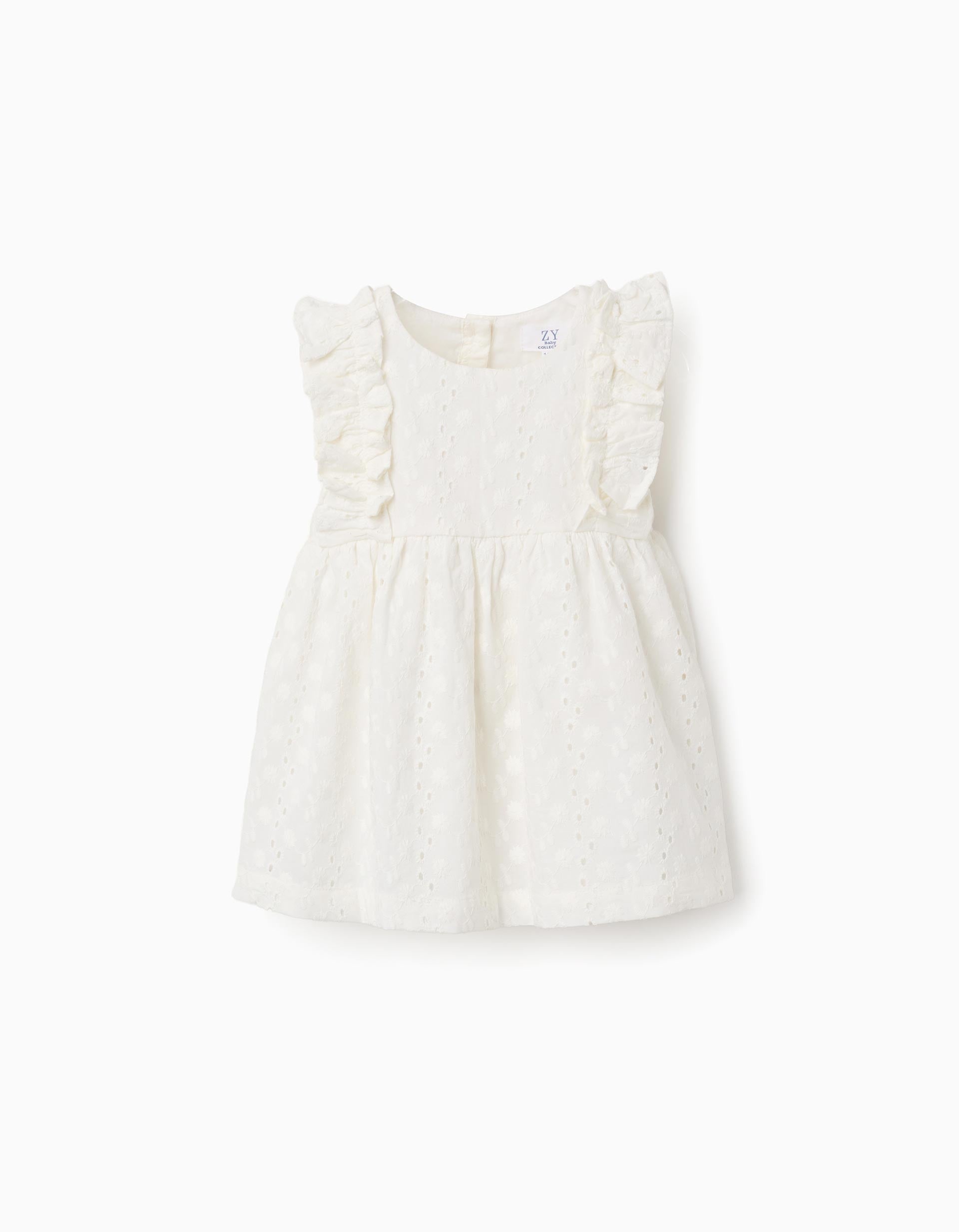 Cotton blouse with broderie anglaise and ruffles for baby girls, white