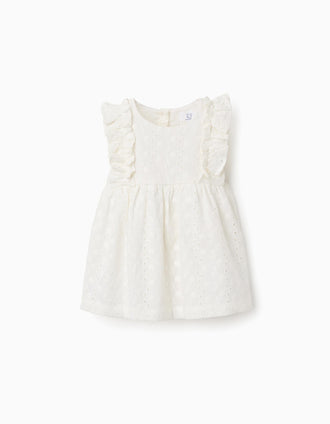 Cotton blouse with broderie anglaise and ruffles for baby girls, white