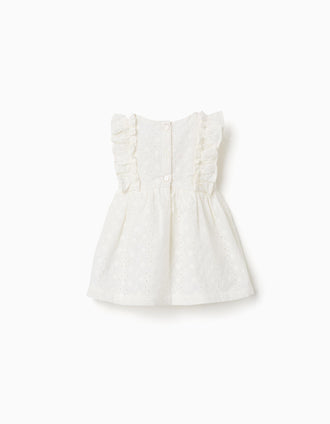 Cotton blouse with broderie anglaise and ruffles for baby girls, white