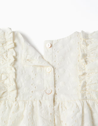 Cotton blouse with broderie anglaise and ruffles for baby girls, white