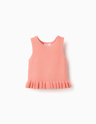 Sleeveless knitted top with ruffles for baby girls, light coral