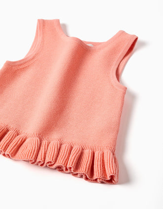 Sleeveless knitted top with ruffles for baby girls, light coral